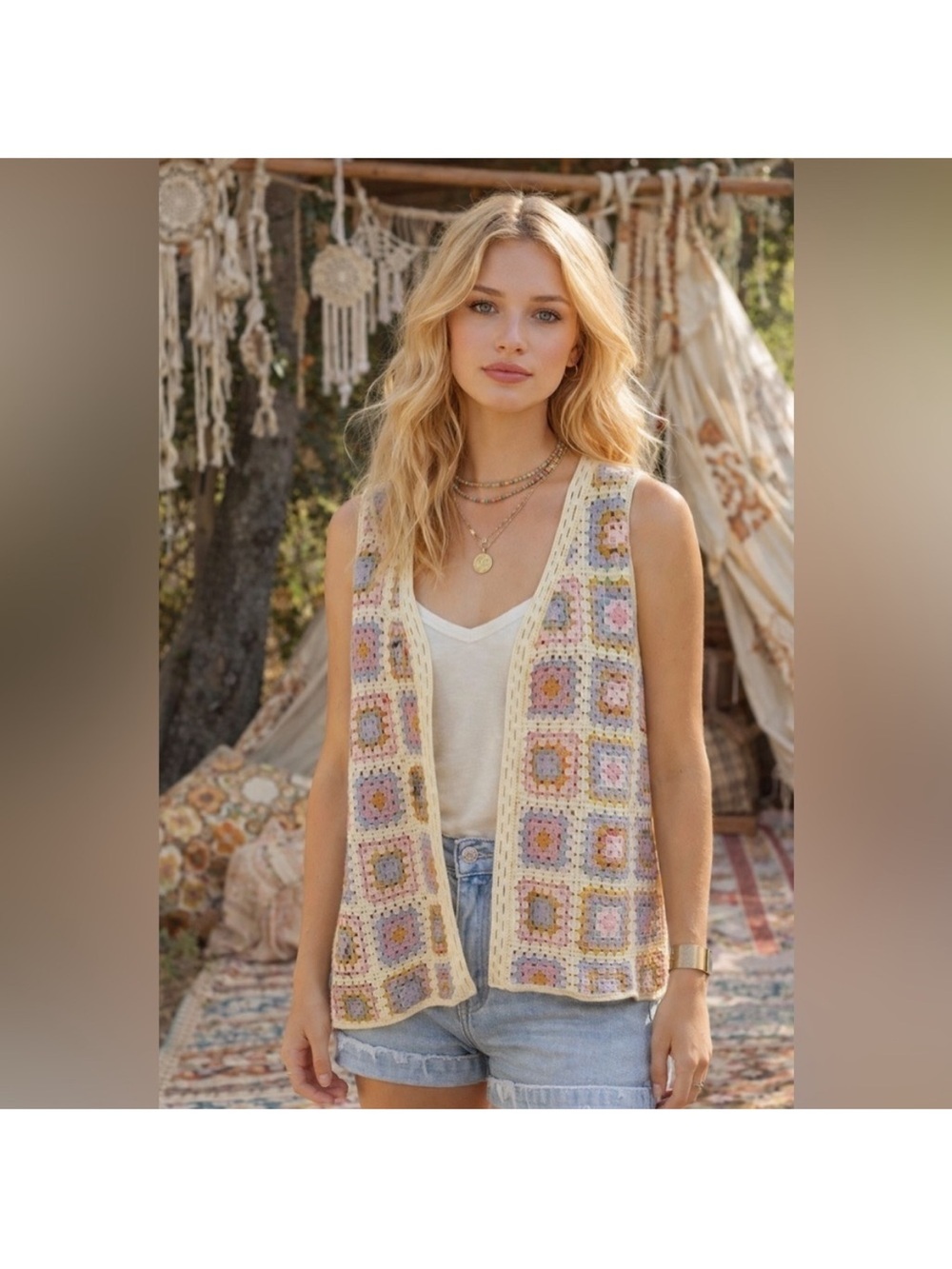 House of Harlow 1960 Crochet Granny Square Pastel Vest Cottagecore One Size NWOT